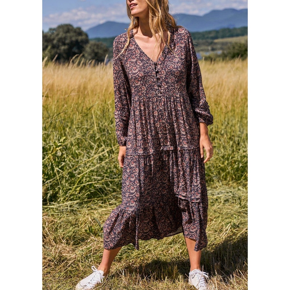 Faherty Isabella Dress Black Belmar Paisley Viscose Crepe Maxi WDH2104-BLB Small